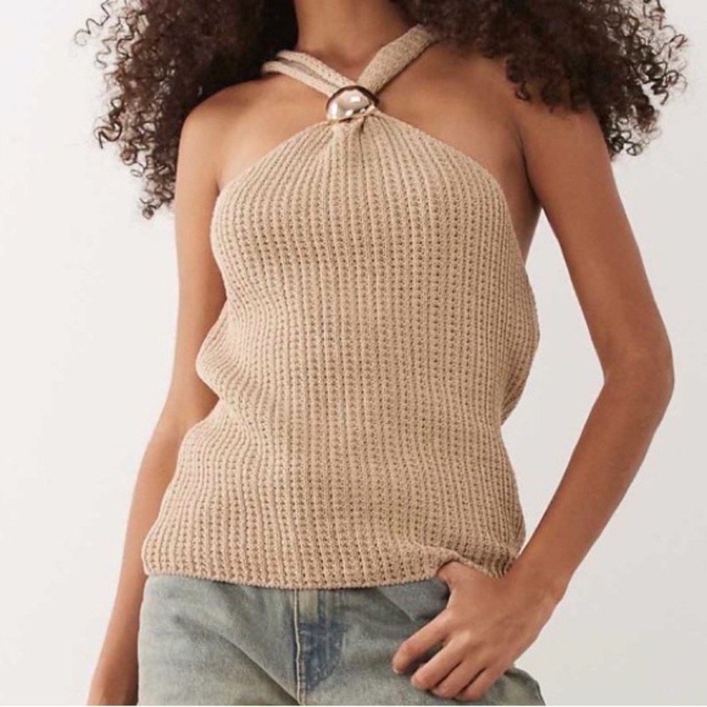 ASOS Tan Knit Halter Top with Metal Ring